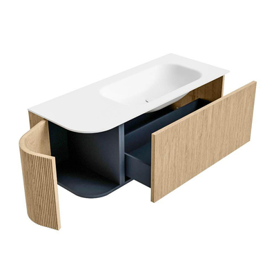 MONDIAZ KURVE 115cm Meuble salle de bain avec module 25 G - couleur Oak - 1 tiroir - 1 porte - vasque BIG SMALL droite - 1 trou de robinet - Talc