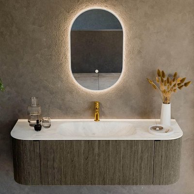Ensemble de meuble de salle de bain Mondiaz KURVE-DLUX - 140x46x40cm - 1 tiroir - 2 portes - lavabo en solid surface - milieu - 1 trou de robinet - Shadow