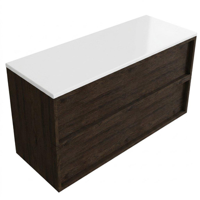 Saniclass Holz Frame Ensemble meuble de salle de bains - 120x45x62.5cm - plan supérieur Torino en solid surface blanc - sans trou de robinet - 2 tiroirs - chêne charcoal mat (bois)