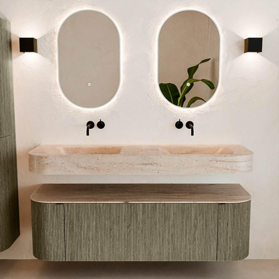 MONDIAZ THOR-DLUX 150cm meuble de salle de bains arrondi gauche + droite couleur Shadow avec 1 tiroir et 2 portes. Vasque suspendue CLOUD Double sans trou de robinet couleur Saba.