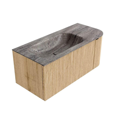MONDIAZ KURVE-DLUX Meuble de salle de bains 105cm courbe Droite couleur Chêne avec 1 tiroir et 1 porte. Lavabo BIG SMALL Gauche sans trou de robinet Oza.