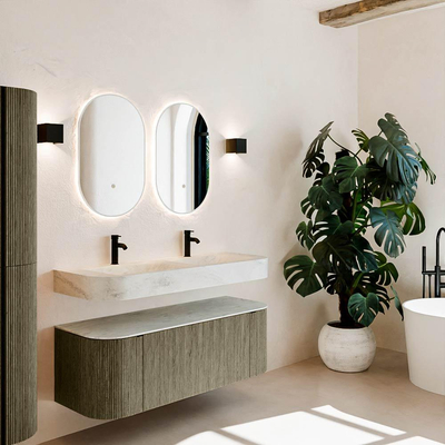 MONDIAZ THOR-DLUX Meuble de salle de bains 130cm arrondi gauche + droite couleur Shadow avec 1 tiroir et 2 portes. Vasque suspendue CLOUD Double 2 trous de robinet couleur Opalo.