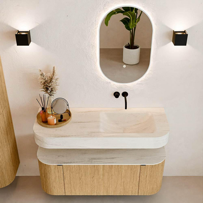 MONDIAZ THOR-DLUX 120cm badmeubel ronding links + rechts kleur Oak met 1 lade en 2 deuren. Vrijhangende wastafel CLOUD Rechts zonder kraangat kleur Meli.