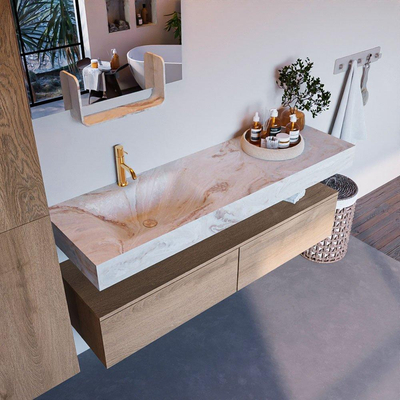 MONDIAZ ALAN - DLUX Badkamermeubelset - 150cm - onderkast - Washed Oak - 2 lades - vrijhangende wastafel - wasbak links - 1 kraangat - Frappe