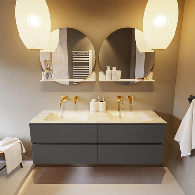 Mondiaz VICA-DLUX ensemble de meuble de salle de bain - 150cm - meuble sous-vasque gris foncé - 4 tiroirs - lavabo encastré cloud double - sans trous de robinet - version haute de 60cm - ostra