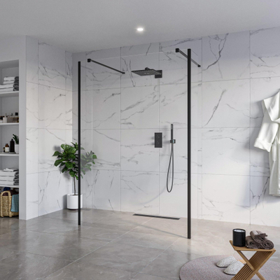 FugaFlow Eccelente Vetro Douche à l'italienne - 140x200cm - verre clair - anticalcaire - verre de sécurité 8mm - 2 parois latérales 40cm - avec bras muraux et profilés d'angle - Noir mat