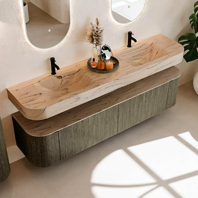 MONDIAZ THOR-DLUX 190cm meuble de salle de bains arrondi gauche + droite couleur Shadow avec 2 tiroirs et 2 portes. Vasque suspendue CLOUD Double 2 trous de robinet couleur Arena.