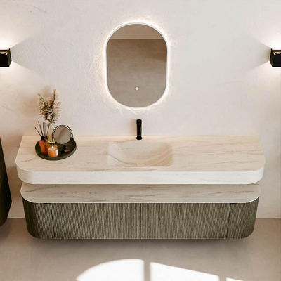 MONDIAZ THOR-DLUX Meuble de salle de bains - 190cm - arrondi gauche + droite - couleur Shadow - 2 tiroirs - 2 portes - Vasque suspendue CLOUD Milieu 1 trou de robinet couleur Meli