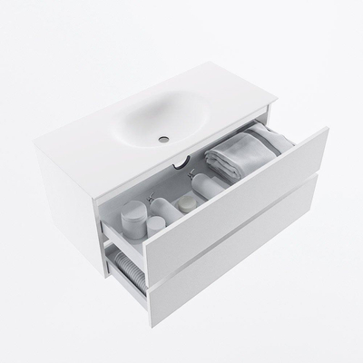 Mondiaz VICA ensemble de meuble de salle de bain - 100cm - meuble sous-vasque talc - 2 tiroirs - lavabo moon milieu - 1 trou de robinet - version haute de 60cm - talc