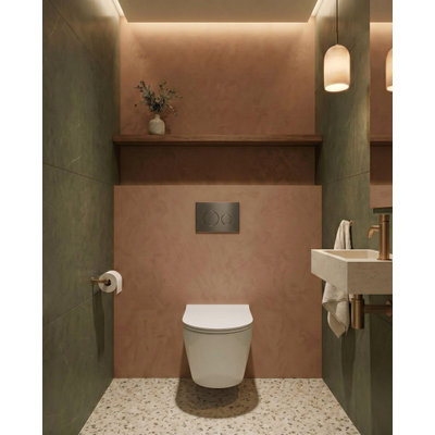 QeramiQ Dely Pack WC cuvette sans bride 36.3x51.7cm avec bâti-support Geberit UP320 abattant WC blanc brillant frein de chute et plaque de commande Gun metal boutons Ronds