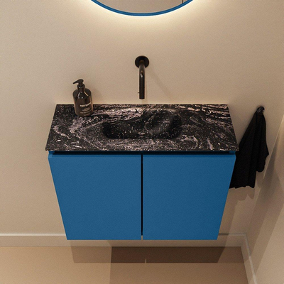 MONDIAZ TURE-DLUX Meuble toilette - 60cm - Jeans - EDEN - vasque Lava - position centrale - sans trou de robinet