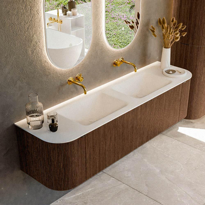 MONDIAZ KURVE 170cm badmeubel met module 25 Len R kleur Walnut met 1 lade en 2 deuren. Wastafel CLOUD dubbel zonder kraangat Talc.