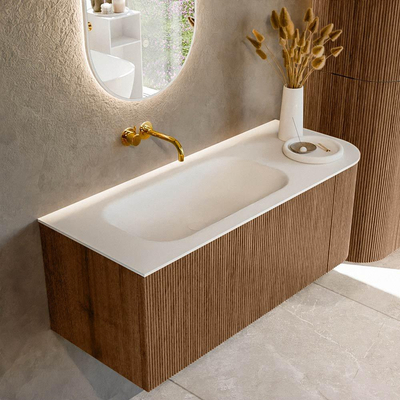 MONDIAZ KURVE 115cm Meuble salle de bain avec module 25 D - couleur Walnut - 1 tiroir - 1 porte - vasque BIG SMALL gauche - sans trous de robinet - Talc