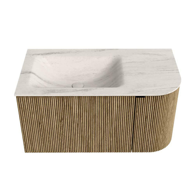MONDIAZ KURVE-DLUX Meuble de salle de bains 85cm arrondi à droite couleur Dusk avec 1 tiroir et 1 porte. Plan-vasque CLOUD à gauche sans trou de robinet Meli.