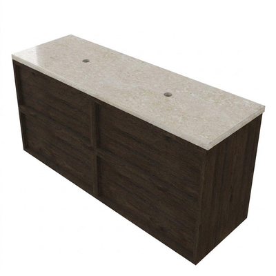 Saniclass Holz Frame Ensemble meuble de salle de bains - 140x45x63cm - Plan de travail en pierre naturelle travertin - sans trou de robinet - 4 tiroirs - chêne charcoal mat (bois)
