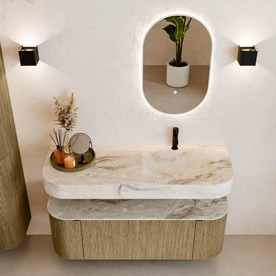 MONDIAZ THOR-DLUX Meuble de salle de bains 130cm arrondi gauche + droite couleur Dusk avec 1 tiroir et 2 portes. Vasque suspendue CLOUD Droite 1 trou de robinet couleur Frappe.