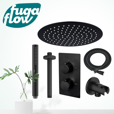 FugaFlow Eccelente Sobrado Badkamer inbouw regendoucheset met thermostaat 25cm plafondarm hoofddouche incl. staaf handdouche zwart mat