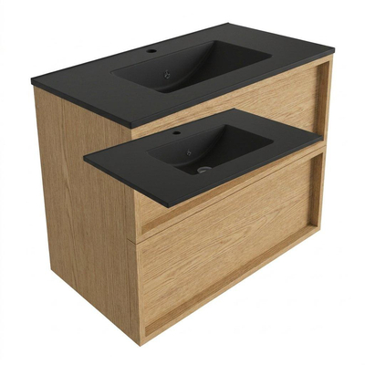 Saniclass Holz Frame Ensemble meuble de salle de bains - 80x45x62cm - Vygo lavabo en céramique noir - 1 vasque - 1 trou de robinet - 2 tiroirs - chêne natural mat (bois)