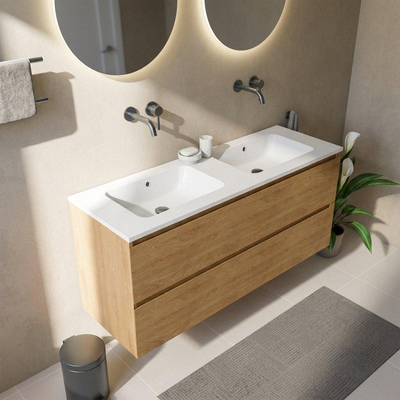Saniclass Holz Pure Ensemble meuble salle de bains - 140x45x77.5cm - lavabo Torino en solid surface blanc - sans trou de robinet - 4 tiroirs - chêne natural mat (bois)
