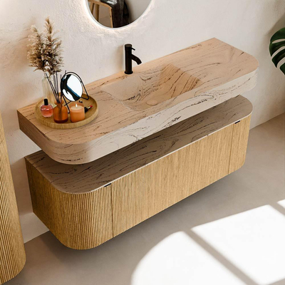 MONDIAZ THOR-DLUX 140cm meuble de salle de bains arrondi gauche + droite couleur Oak avec 1 tiroir et 2 portes. Vasque suspendue CLOUD Milieu 1 trou de robinet couleur Arena.