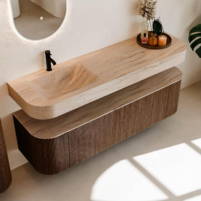 MONDIAZ THOR-DLUX 160cm meuble de salle de bains arrondi gauche + droite couleur Walnut avec 1 tiroir et 2 portes. Vasque suspendue CLOUD Gauche 1 trou de robinet couleur Saba.