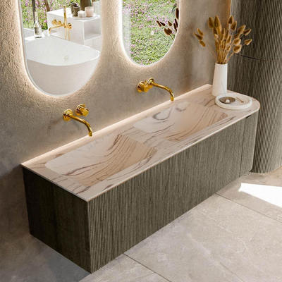 MONDIAZ KURVE-DLUX Meuble de salle de bains 145cm arrondi à droite couleur Shadow avec 1 tiroir et 1 porte. Lavabo LEAF Double / Gauche sans trou de robinet Nata.