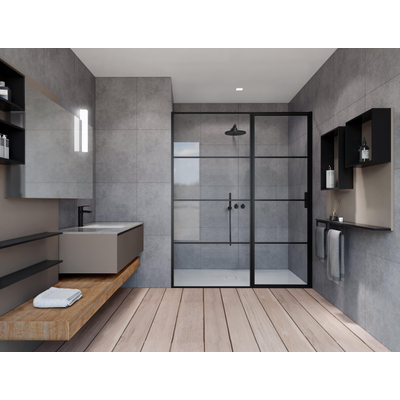 Marenza Bellini Porte de douche - 160x200cm - panneau fixe - cadre lignes côté extérieur - anti-calcaire - noir mat