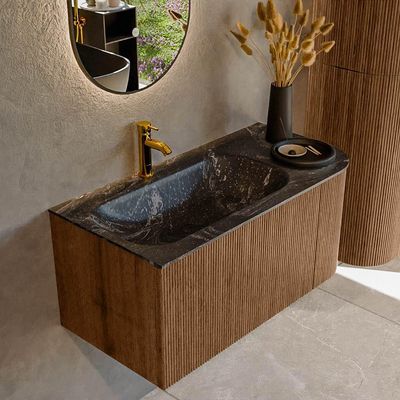 MONDIAZ KURVE-DLUX 95cm Meuble salle de bain avec module 25 D - couleur Walnut - 1 tiroir - 1 porte - vasque BIG SMALL gauche - 1 trou de robinet - couleur Lava