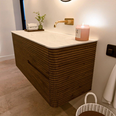 Mondiaz CIRO-DLUX Badkamermeubelset - 110x45x50cm - Solid surface wastafel Opalo - 1 wasbak Rechts - zonder kraangaten - 2 lades - Dusk