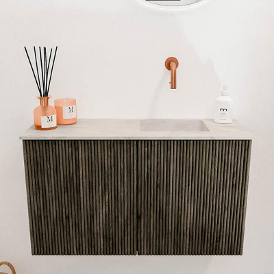Mondiaz JOYA-DLUX 70cm toiletmeubel - kleur Shadow - Wastafel FAYE positie Rechts Zonder kraangat kleur Ostra.