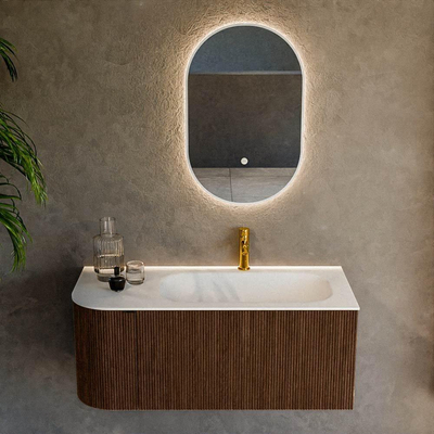MONDIAZ KURVE 105cm Meuble salle de bain avec module 25 G - couleur Walnut - 1 tiroir - 1 porte - vasque BIG SMALL droite - 1 trou de robinet - Talc