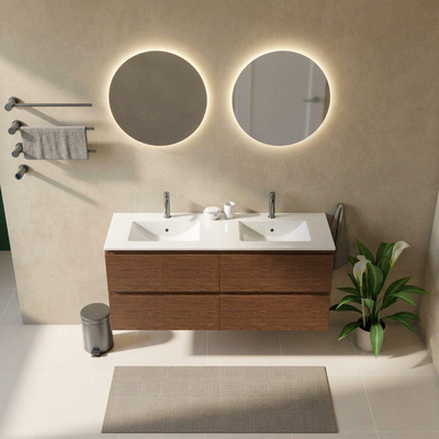 Saniclass Holz Pure Ensemble de meubles de salle de bains - 140x45x62cm - lavabo Vygo en céramique blanc - 2 vasques - 2 trous de robinet - 4 tiroirs - brillant walnut pure (bois)