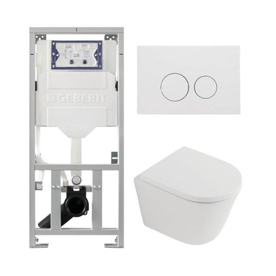 QeramiQ Dely Toiletset - 36.3x51.7cm - diepspoel - rimless - Geberit UP320 inbouwreservoir - softclose toilet zitting 35 mm - mat witte bedieningsplaat - ronde knoppen - mat wit
