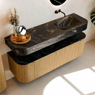 MONDIAZ THOR-DLUX 150cm meuble de salle de bains arrondi gauche + droite couleur Oak avec 1 tiroir et 2 portes. Vasque suspendue CLOUD droite sans trou de robinet couleur Lava.