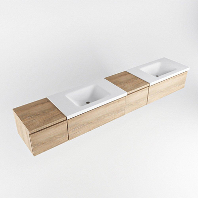 MONDIAZ BUKLA 240cm ensemble de meuble avec module 40 à droite couleur Chêne blanchi avec 4 tiroirs. Lavabo CLOUD double 2 trous de robinet couleur Talc.