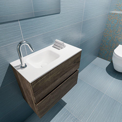 MONDIAZ ADA Meuble WC - 60x30x50cm - 1 trou de robinet - 2 tiroirs - dark brown mat - lavabo à gauche - Solid surface - Blanc