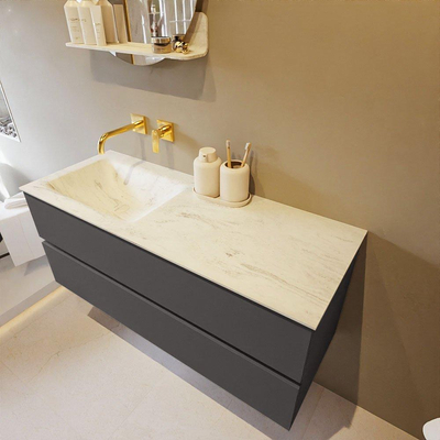 Mondiaz VICA-DLUX ensemble de meuble de salle de bain - 120cm - meuble sous-vasque gris foncé - 2 tiroirs - lavabo encastré cloud gauche - sans trous de robinet - version haute de 60cm - opalo