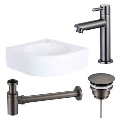 FugaFlow Eccelente Pietra ensemble de lavabo - 30x30x10cm - 1 trou de robinet - angle - céramique - robinet de lavabo gunmetal - blanc brillant