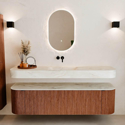 MONDIAZ THOR-DLUX Meuble de salle de bains - 170cm - arrondi gauche + droite - couleur Ruby - 1 tiroir - 2 portes - Vasque suspendue CLOUD Milieu sans trou de robinet - couleur Ostra