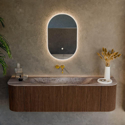 MONDIAZ KURVE-DLUX Meuble de salle de bains 160cm arrondi à gauche + à droite couleur Walnut avec 1 tiroir et 2 portes. Plan-vasque BIG MEDIUM central sans trou de robinet Oza.