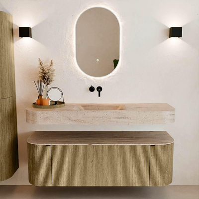 MONDIAZ THOR-DLUX 140cm meuble de salle de bains arrondi gauche + droite couleur Dusk avec 1 tiroir et 2 portes. Vasque suspendue CLOUD Milieu sans trou de robinet couleur Saba.