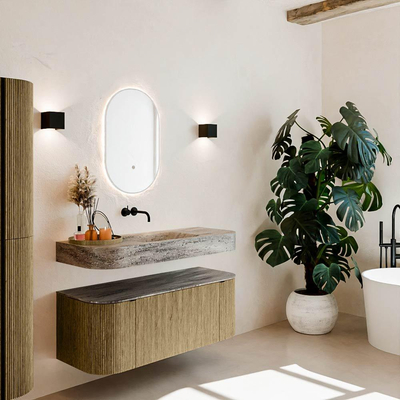 MONDIAZ THOR-DLUX 120cm meuble de salle de bains arrondi gauche + droite couleur Dusk avec 1 tiroir et 2 portes. Vasque suspendue CLOUD Milieu sans trou de robinet couleur Oza.