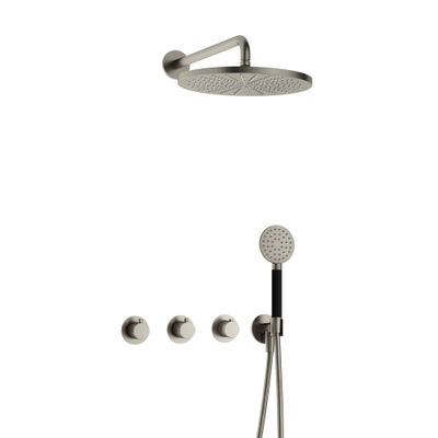 Hotbath Cobber IBS70 Ensemble de douche de tête encastré - bras mural 38,5 cm - douche de tête ronde 30 cm - douchette 3 jets - nickel brossé