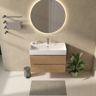 Saniclass Holz Pure Badkamermeubelset - 100x45x72cm - Legend keramische wastafel mat wit - 1 wasbak - 1 kraangat - 2 lades - mat eiken natural (hout)