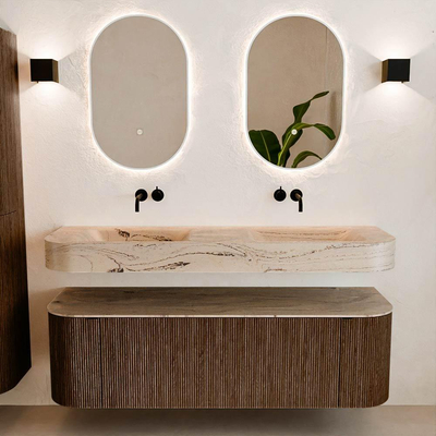 MONDIAZ THOR-DLUX 150cm meuble de salle de bains arrondi gauche + droite couleur Walnut avec 1 tiroir et 2 portes. Vasque suspendue CLOUD Double sans trou de robinet couleur Arena.