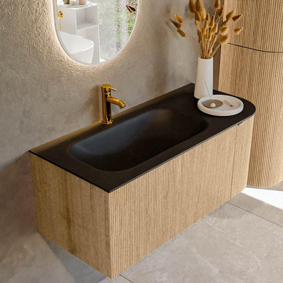 MONDIAZ KURVE Meuble de salle de bains 105 cm avec module 25 R couleur Chêne avec 1 tiroir et 1 porte. Lavabo BIG SMALL gauche 1 trou de robinet Urban.