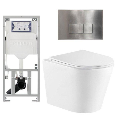 QeramiQ Dely Toiletset - 36.3x51.7cm - diepspoel - rimless - Geberit UP320 inbouwreservoir - met Burda frame - softclose toiletzitting - steel bedieningsplaat - rechtehoekige knoppen - wit mat