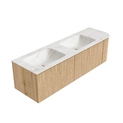 MONDIAZ KURVE-DLUX 155cm Meuble salle de bain avec module 25 D - couleur Oak - 2 tiroirs - 1 porte - vasque LEAF double / gauche - 2 trous de robinet - couleur Ostra