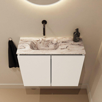 MONDIAZ TURE-DLUX Meuble de toilettes 60 cm Talc. Lavabo EDEN Glace position gauche. Sans trou de robinet.