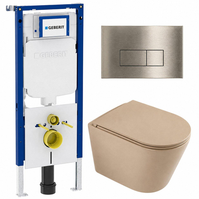 QeramiQ Dely Toiletset - 36.3x51.7cm - Geberit UP720 inbouwreservoir - rimless - diepspoel - zitting - softclose - bedieningsplaat geborsteld messing - rechthoekige knoppen - mat beige